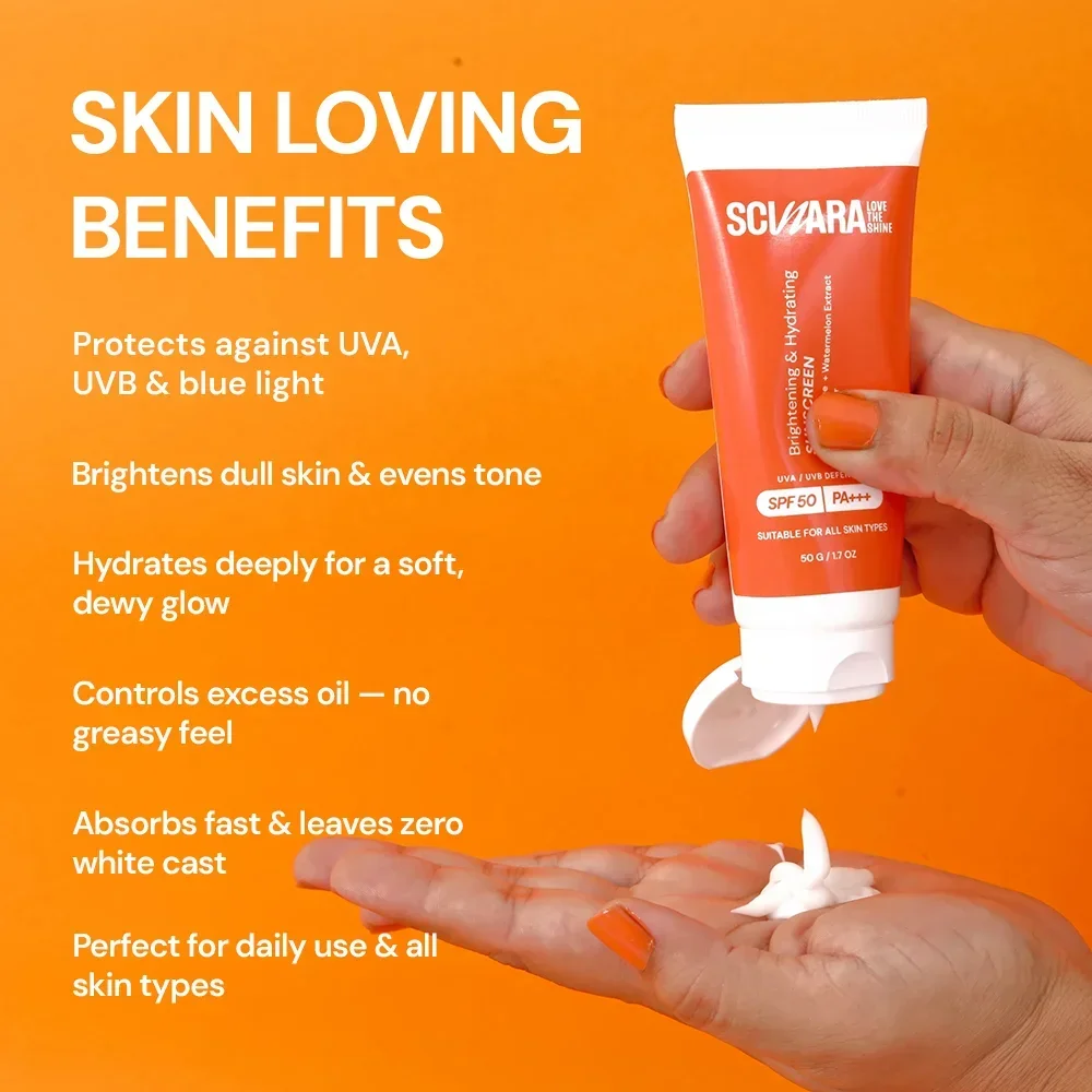 scinara brightening & hydrating sunscreen spf 50 pa+++/ uva / uvb / /blue light defence| with l-glutathione | shea butter & watermelon extract | 50gm 3